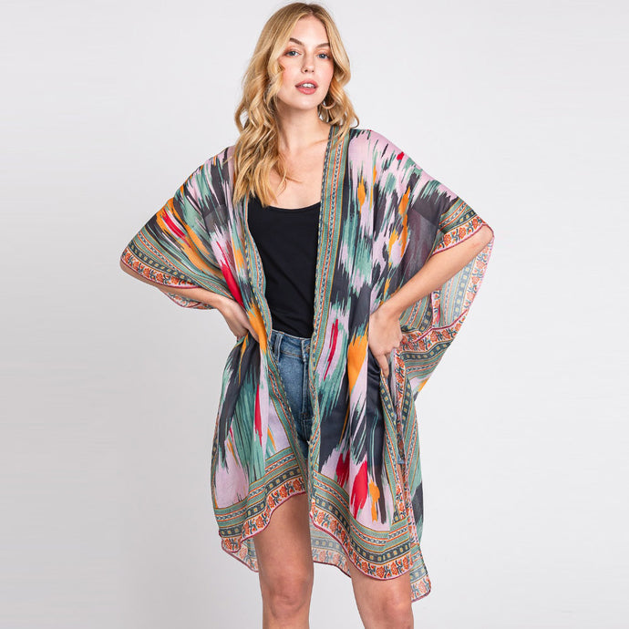 Tie Dye Print Kimono - Multi Olive Green