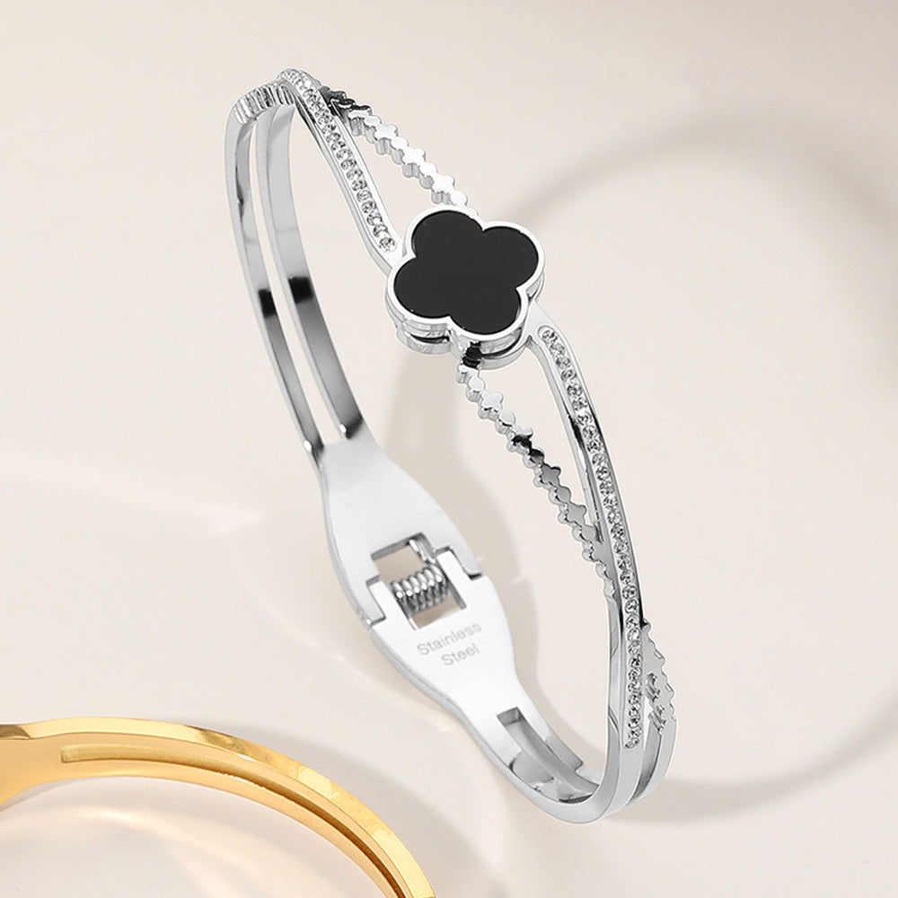 Stainless Steel Quatrefoil Pointed Hinged Bangle Bracelet Silver