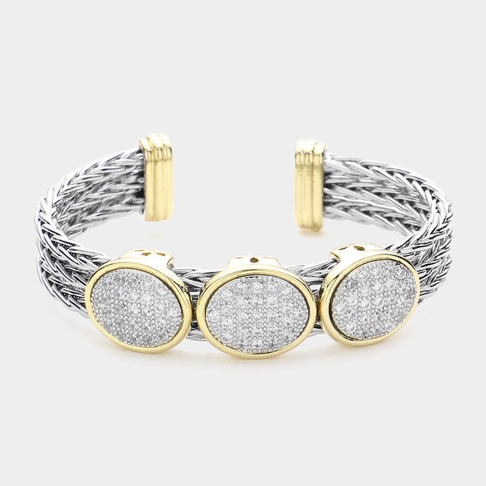 14K Gold Plated CZ Stone Paved Braided Metal Cuff Bracelet