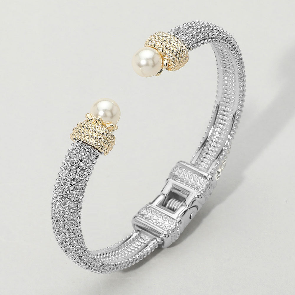 Pearl Tip Two Tone Textured Hinged Cuff Bracelet