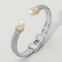 Load image into Gallery viewer, Pearl Tip Two Tone Textured Hinged Cuff Bracelet