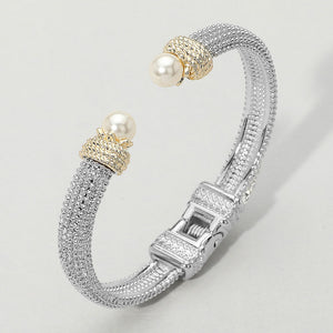 Pearl Tip Two Tone Textured Hinged Cuff Bracelet