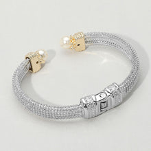 Load image into Gallery viewer, Pearl Tip Two Tone Textured Hinged Cuff Bracelet