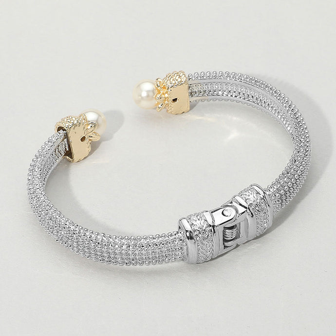 Pearl Tip Two Tone Textured Hinged Cuff Bracelet