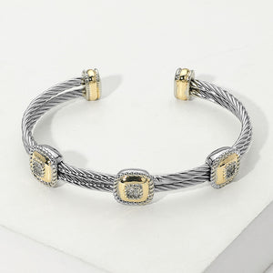 CZ Stone Paved Two Tone Square Twisted Metal Cuff Bracelet
