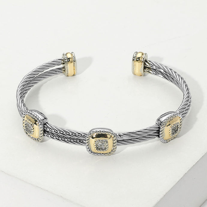 CZ Stone Paved Two Tone Square Twisted Metal Cuff Bracelet