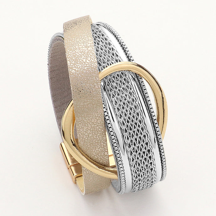 Leather Chain Wrap Metal Magnetic Bracelet- Pewter