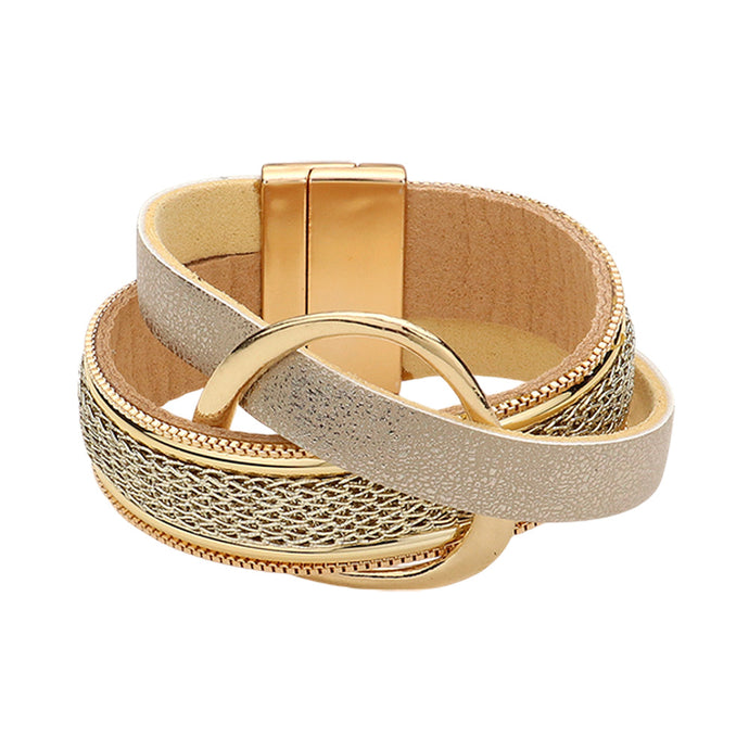 Leather Chain Wrap Open Metal Magnetic Bracelet- Gold