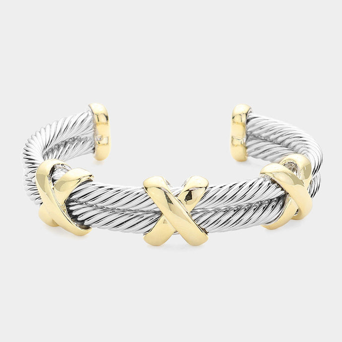 14K Gold Plated Two Tone Crisscross Double Twisted Metal Cuff Bracelet