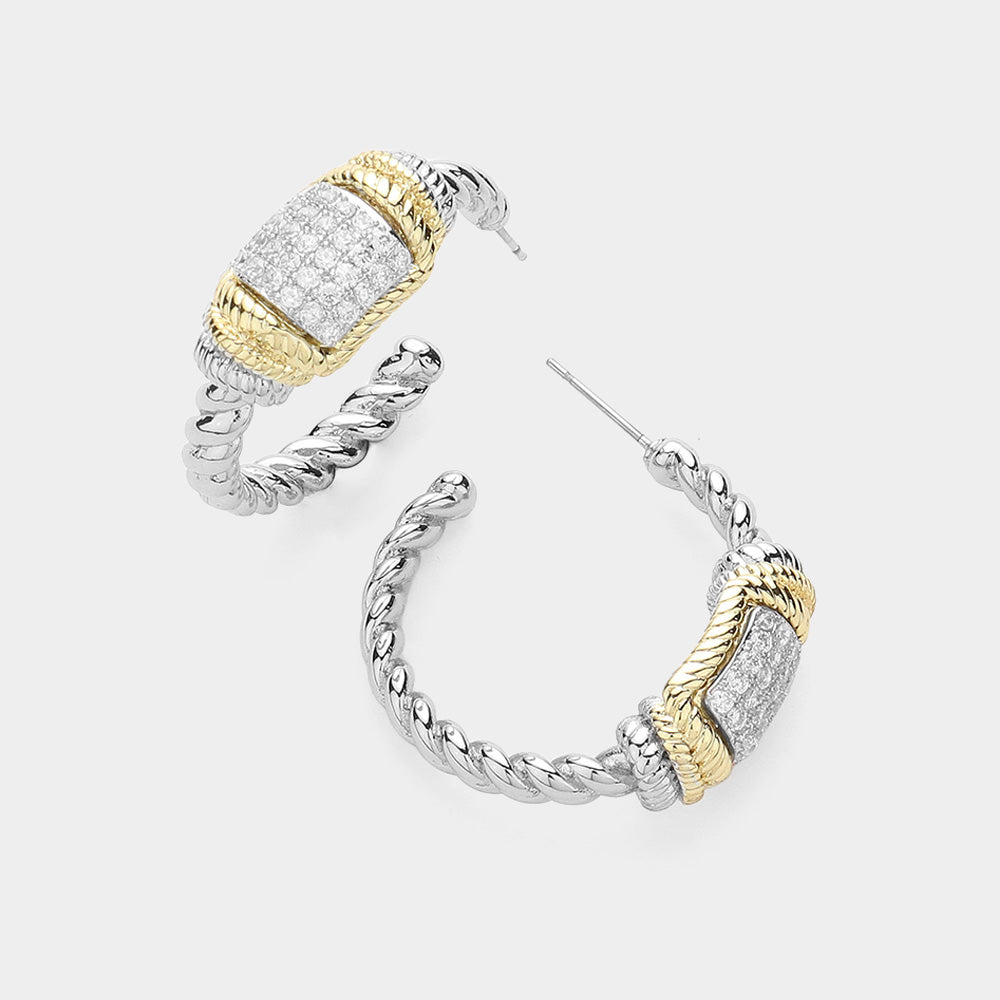 14K Gold Plated Two Tone CZ Stone Hoop Earrings