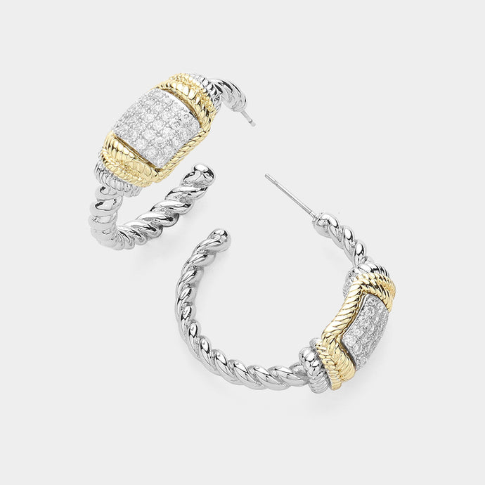 14K Gold Plated Two Tone CZ Stone Hoop Earrings