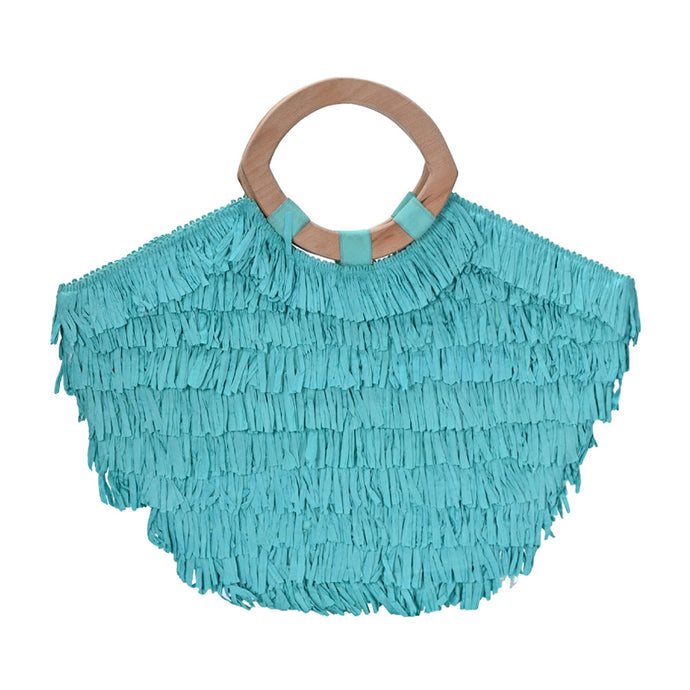 Raffia Fringe Tote Bag - Turquoise