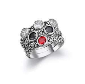 Silver 3 Ring Set Red Black Clear Stones