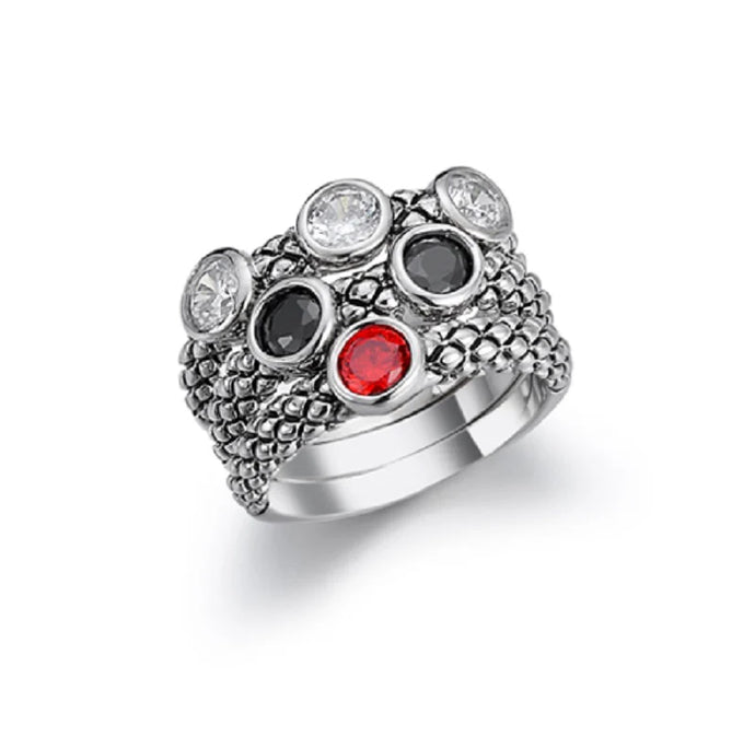 Silver 3 Ring Set Red Black Clear Stones