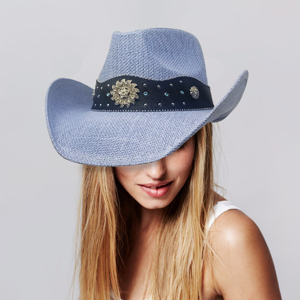 A Western Leather Straw Cowboy Hat - Denim