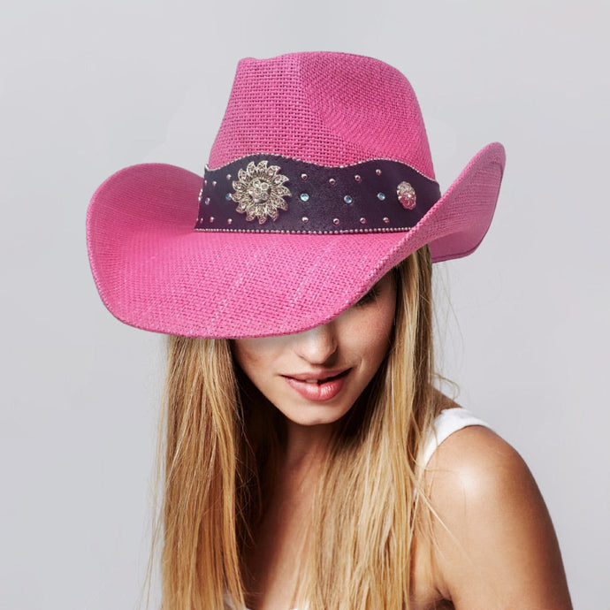 A Western Leather and Straw  Cowboy Hat - Hot Pink