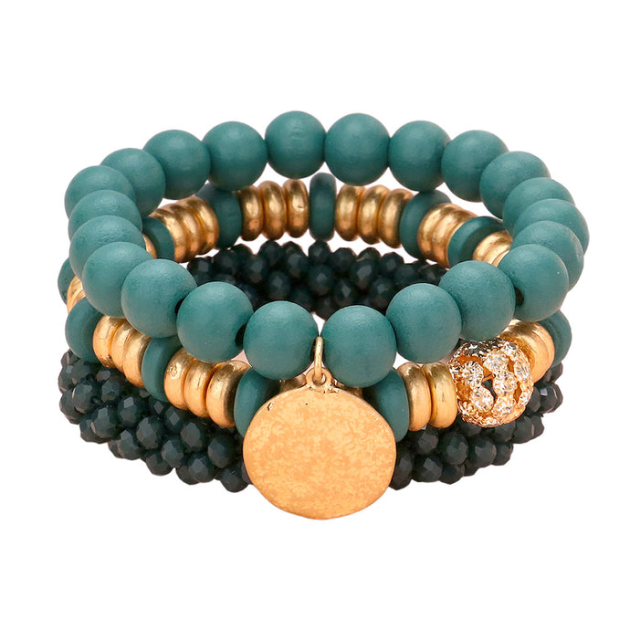 3PCS - Charm Wood  Beaded Stretch Bracelet