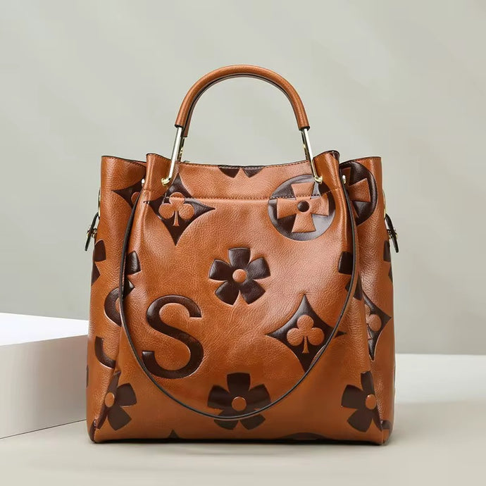 Floral Embossed Handbag - Brown