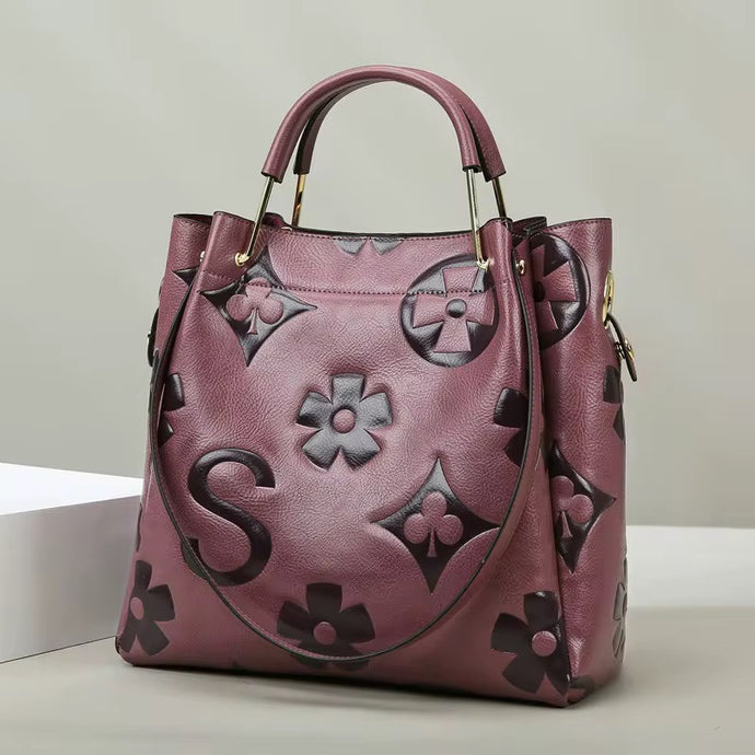 Floral Embossed Handbag - Plum