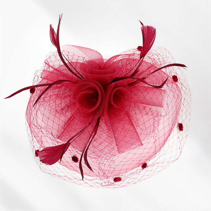 Flower Mesh Headband Veil - Red