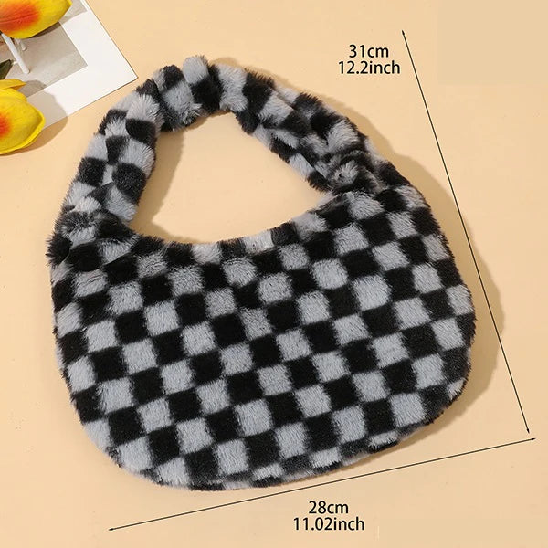 Checkered Fur Bag- Black