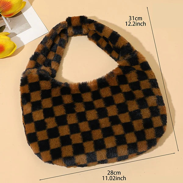 Checkered Fur Bag- Brown