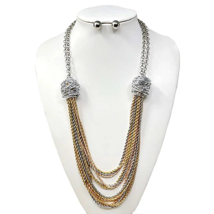 Gold & Silver Dangling Chains Necklace Set