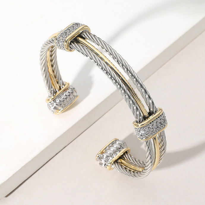 CZ Stone Paved Two Tone Metal Rope Cuff Bracelet