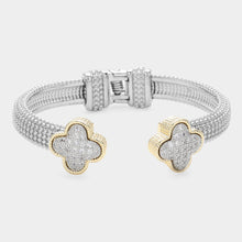Load image into Gallery viewer, CZ Stone Paved Quatrefoil Tip Two Tone Hinged Cuff Bracelet