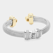 Load image into Gallery viewer, CZ Stone Paved Quatrefoil Tip Two Tone Hinged Cuff Bracelet