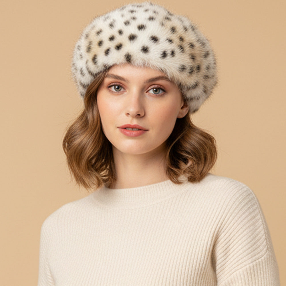 Faux Fur Beret- White Leopard