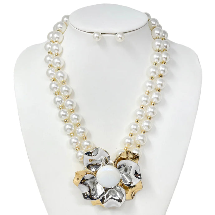 Gold Silver & Cream Pearl Necklace Set