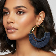 Load image into Gallery viewer, Oversized Frayed Denim Fabric Wrapped Layered Hoop Statement Earrings-Silver
