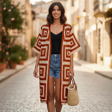 Load image into Gallery viewer, Geometric Pattern Crochet Long Cardigan - Rust