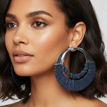 Load image into Gallery viewer, Oversized Frayed Denim Fabric Wrapped Layered Hoop Statement Earrings-Silver