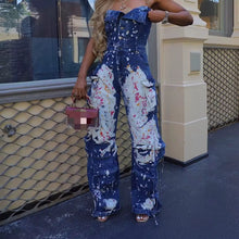 Load image into Gallery viewer, Strapless Cargo Splattered Denim Jumpsuit