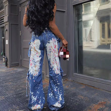 Load image into Gallery viewer, Strapless Cargo Splattered Denim Jumpsuit