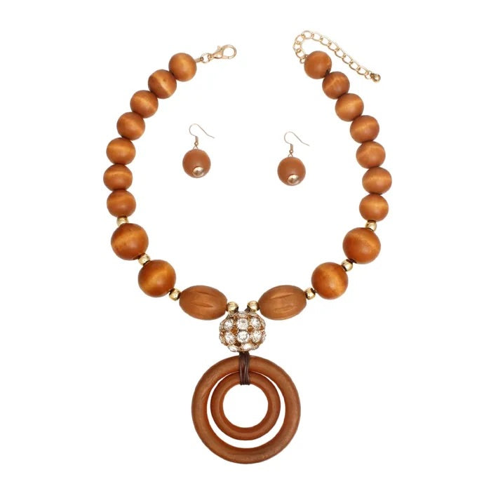 Pendant Wooden Bead Necklace Set
