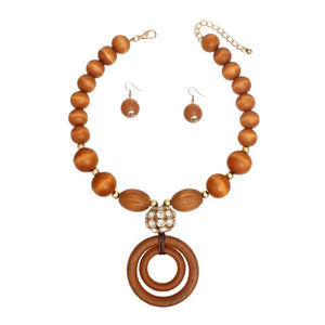 Pendant Wooden Bead Necklace Set