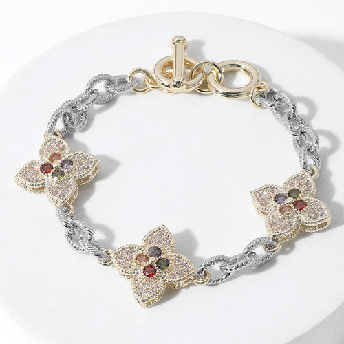 Colorful CZ Stone Pointed Clover Charm Link Toggle Bracelet