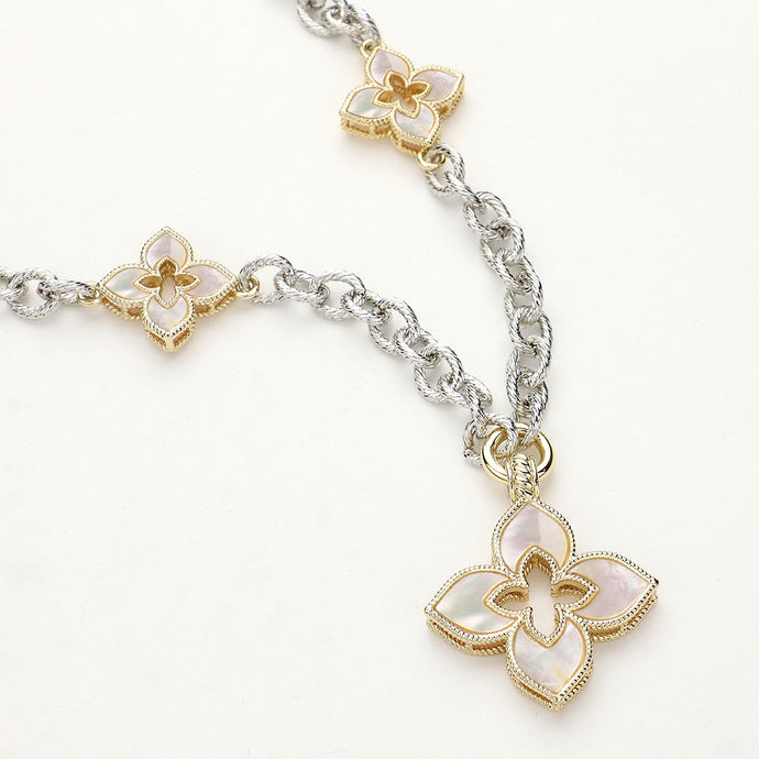 14K Gold Plated Mother Of Pearl Clover Pendant Station Necklace
