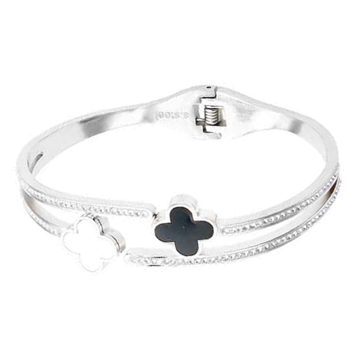Stainless Steel Clover Hinged Bangle - Silver