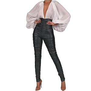 Pleated Pencil Leather Pants