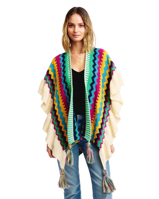 Ruana With Ruffle - Multi Green