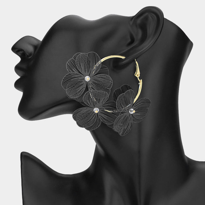 Triple Flower Hoop Earrings - Black