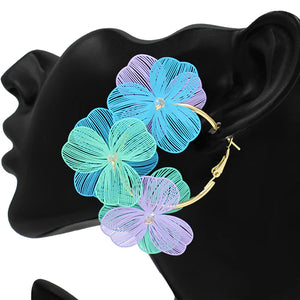 Triple Flower Hoop Earrings - Aqua/Purple