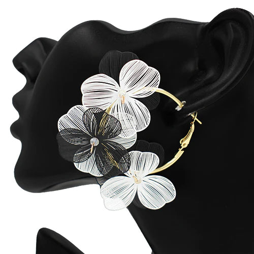 Triple Flower Hoop Earrings - Black/White