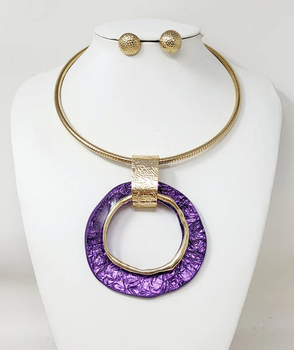 Gold Choker Purple Pendant Necklace Set