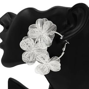 Triple Flower Hoop Earrings - Silver