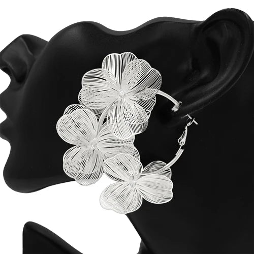 Triple Flower Hoop Earrings - Silver